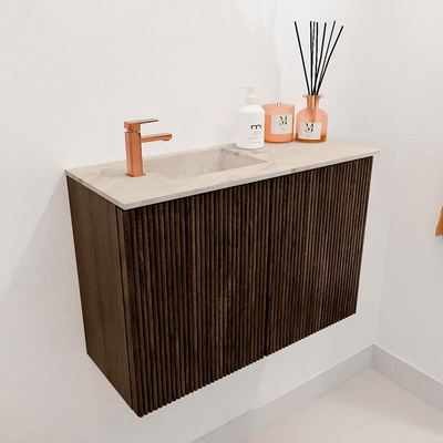 Mondiaz JOYA-DLUX 60cm toiletmeubel - kleur Walnut - Wastafel FAYE positie Links 1 kraangat kleur Frappe.