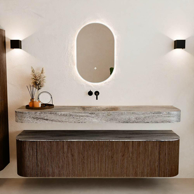 MONDIAZ THOR-DLUX 180cm badmeubel ronding links + rechts kleur Walnut met 2 lades en 2 deuren. Vrijhangende wastafel CLOUD Midden zonder kraangat kleur Oza.