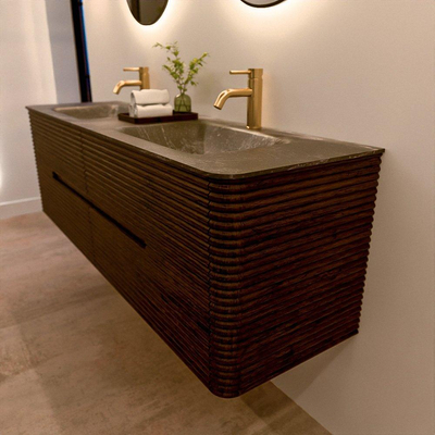Mondiaz CIRO-DLUX Badkamermeubelset - 160x45x50cm - Solid surface wastafel Lava - 2 wasbak Dubbel - 2 kraangaten - 4 lades - Walnut