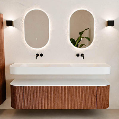 MONDIAZ THOR Meuble de salle de bains - 170cm - arrondi gauche + droite - couleur Ruby - 1 tiroir et 2 portes - Vasque suspendue CLOUD Double sans trou de robinet - couleur Talc