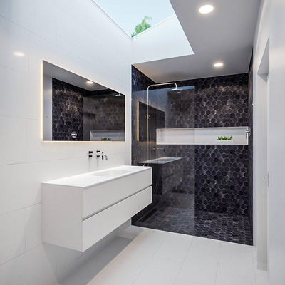 ENSEMBLE DE MEUBLE MONDIAZ VICA - 150 cm - 2 tiroirs - lavabo Cloud central - 0 trous de robinet - solid surface talc