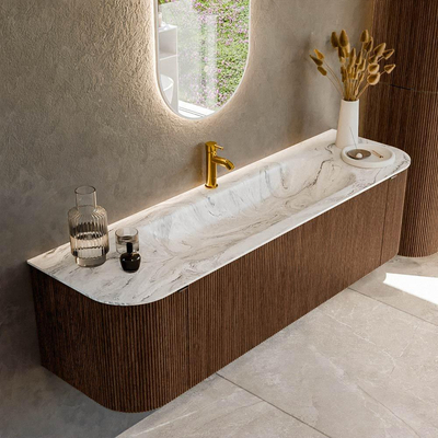 MONDIAZ KURVE-DLUX 160cm badmeubel met module 25 Len R kleur Walnut met 1 lade en 2 deuren. Wastafel BIG MEDIUM midden 1 kraangat kleur Glace.