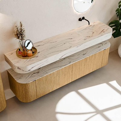 MONDIAZ THOR-DLUX 190cm badmeubel ronding links + rechts kleur Oak met 2 lades en 2 deuren. Vrijhangende wastafel CLOUD Rechts zonder kraangat kleur Nata.
