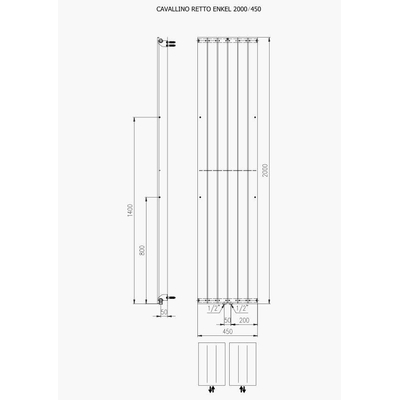 Plieger Cavallino Retto designradiator verticaal enkel middenaansluiting 2000x450mm 999W wit