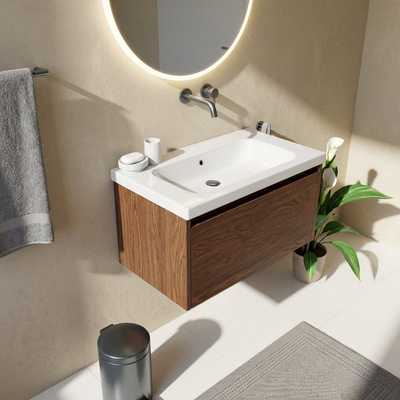 Saniclass Holz Frame Ensemble meuble de salle de bains - 80x45x43.5cm - lavabo en céramique Palermo blanc - 1 vasque - sans trou de robinetterie - 1 tiroir - mat walnut pure (bois)