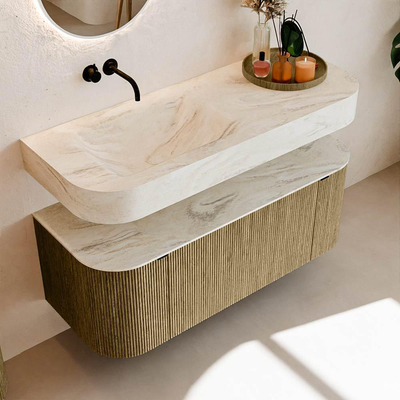 MONDIAZ THOR-DLUX 120cm meuble de salle de bains arrondi gauche + droite couleur Dusk avec 1 tiroir et 2 portes. Vasque suspendue CLOUD Gauche sans trou de robinet couleur Ostra.