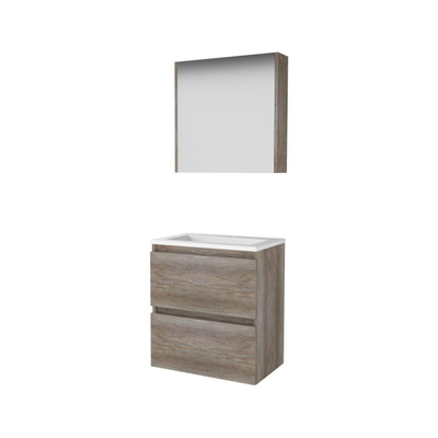 Basic-Line Comfort 39 ensemble de meubles de salle de bain 60x39cm sans poignée 2 tiroirs lavabo en porcelaine 1 trou de robinet armoire de toilette mfc scotch oak