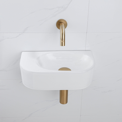 QeramiQ Fuente Fonteinset - 40x21.5x12cm - glad - halfrond - keramiek - fonteinkraan geborsteld messing - afvoerplug - verlaagd sifon - wit glans