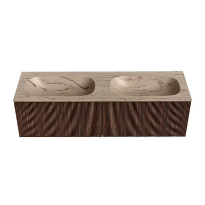 MONDIAZ KURVE-DLUX 150cm badmeubel kleur Walnut met 2 lades en 0 deuren. Wastafel STOR SMALL Dubbel zonder kraangat Arena.