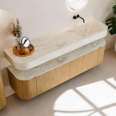 MONDIAZ THOR-DLUX 180cm badmeubel ronding links + rechts kleur Oak met 2 lades en 2 deuren. Vrijhangende wastafel CLOUD Rechts zonder kraangat kleur Ostra.