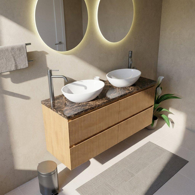 Saniclass Holz Atelier Ensemble de meuble de salle de bains - 140x45x63cm - Plan de travail en pierre naturelle Noche dark emperador - 2 trous de robinet - 4 tiroirs - chêne natural mat (bois)