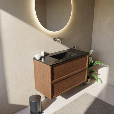 Saniclass Holz Frame Ensemble meuble de salle de bains - 100x45x62cm - Vygo lavabo en céramique noir - 1 vasque - sans trou de robinetterie - 2 tiroirs - mat walnut pure (bois)