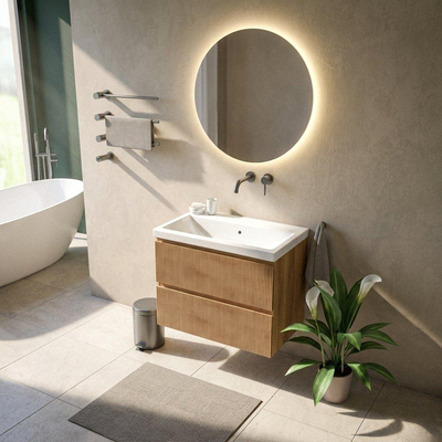 Saniclass Holz Atelier Ensemble meuble de salle de bains - 80x45x63.5cm - Bari lavabo en céramique blanc - 1 vasque - sans trou de robinet - 2 tiroirs - chêne naturel mat (bois)