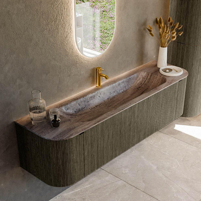 MONDIAZ KURVE-DLUX Meuble de salle de bains 170cm arrondi gauche + droite couleur Shadow avec 1 tiroir et 2 portes. Lavabo BIG LARGE central 1 trou de robinet Oza.