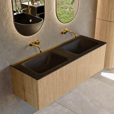 MONDIAZ KURVE 130cm Meuble salle de bain - couleur Oak - 2 tiroirs - vasque CLOUD double - sans trous de robinet - Urban