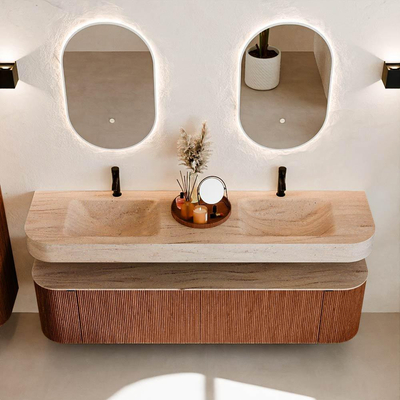 MONDIAZ THOR-DLUX 180cm meuble de salle de bains arrondi gauche + droite couleur Ruby avec 2 tiroirs et 2 portes. Vasque suspendue CLOUD Double 2 trous de robinet couleur Saba.