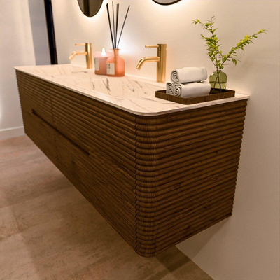 Mondiaz CIRO-DLUX Badkamermeubelset - 170x45x50cm - Solid surface wastafel Nata - 2 wasbak Dubbel - 2 kraangaten - 4 lades - Dusk