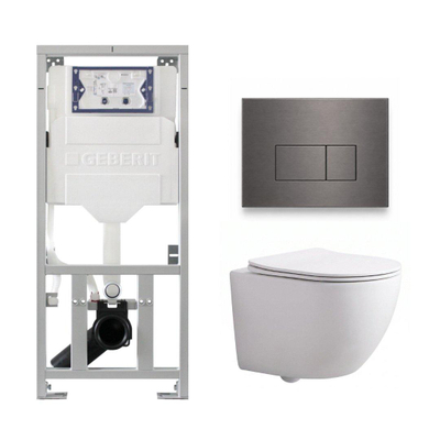 Pack WC QeramiQ Dely Swirl Compact - réservoir encastrable Geberit UP320 - avec bâti-support Burda - abattant slim - plaque de commande en métal gunmetal - boutons rectangulaires - blanc brillant