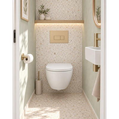 QeramiQ Dely Swirl Compact Toiletset - inbouwreservoir Geberit UP320 - met Burda frame - 25mm zitting - kunststof bedieningsplaat beige - rechthoekige knoppen - glans wit