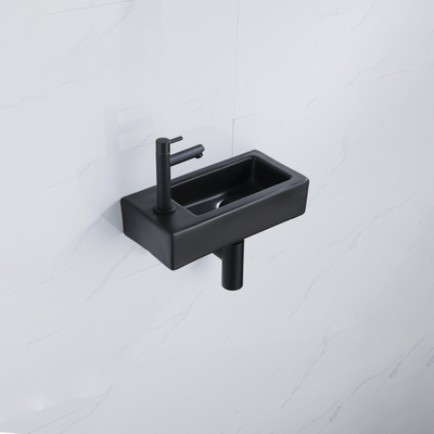 QeramiQ Fuente pack lave-mains – 37,5 x 18,5 x 9 cm – céramique noir mat – perçage à gauche – robinet noir mat