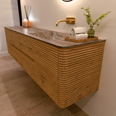 Mondiaz CIRO-DLUX Badkamermeubelset - 190x45x50cm - Solid surface wastafel Sombra - 1 wasbak Rechts - zonder kraangaten - 4 lades - Oak