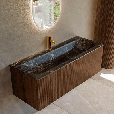 MONDIAZ KURVE-DLUX 120cm badmeubel kleur Walnut met 1 lade. Wastafel BIG LARGE midden 1 kraangat kleur Lava.