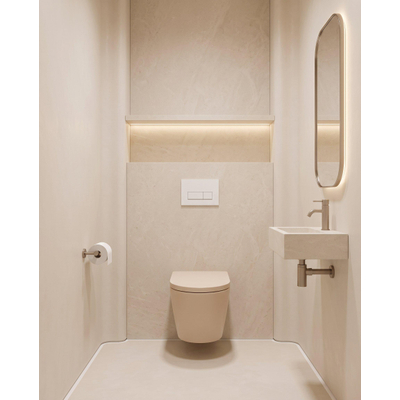 QeramiQ Dely Toiletset - 36.3x51.7cm - diepspoel - rimless - Geberit UP320 inbouwreservoir - softclose toilet zitting - 35mm - glans witte bedieningsplaat - rechthoekige knoppen - mat beige