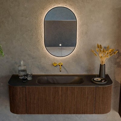MONDIAZ KURVE 140cm badmeubel met module 25 Len R kleur Walnut met 1 lade en 2 deuren. Wastafel BIG SMALL midden zonder kraangat Urban.