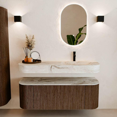 MONDIAZ THOR-DLUX 130cm badmeubel ronding links + rechts kleur Walnut met 1 lade en 2 deuren. Vrijhangende wastafel CLOUD Rechts 1 kraangat kleur Frappe.