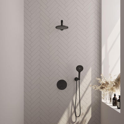 BRAUER Black Edition thermostatische Inbouw Regendouche - 3-weg - rond - set 79 - 20cm hoofddouche - rechte muurarm - 3-standen handdouche - doucheslang - wandaansluitbocht - mat zwart