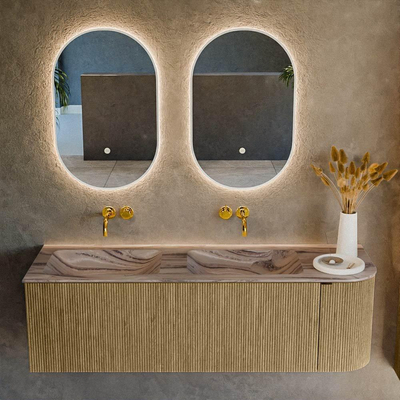 MONDIAZ KURVE-DLUX 145cm badmeubel ronding Rechts kleur Dusk met 1 lade en 1 deur. Wastafel LEAF Dubbel / Links zonder kraangat Sombra.