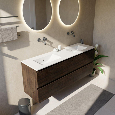 Saniclass Holz Pure Ensemble de meubles de salle de bains - 160x45x62cm - lavabo Vygo en céramique blanc - 2 vasques - sans trous de robinetterie - 4 tiroirs - chêne charcoal mat (bois)