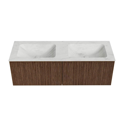 MONDIAZ KURVE-DLUX 130cm Meuble salle de bain - couleur Walnut - 2 tiroirs - vasque LEAF double - 2 trous de robinet - couleur Opalo