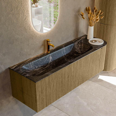 Mondiaz KURVE-DLUX Badkamermeubelset - 145x46x40cm - 1 lade - 1 deur - wastafel solid surface - links - 1 kraangat - Dusk