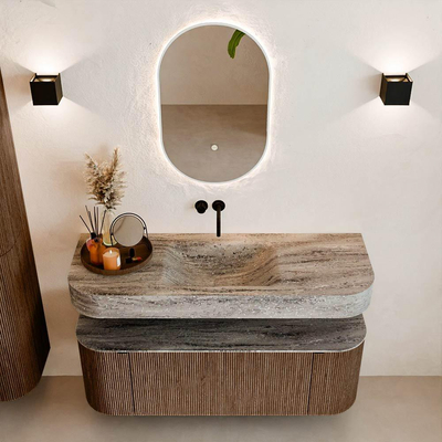 MONDIAZ THOR-DLUX Meuble de salle de bains 130cm arrondi gauche + droite couleur Walnut avec 1 tiroir et 2 portes. Vasque suspendue CLOUD Centre sans trou de robinet couleur Oza.