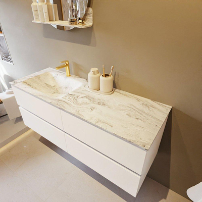 Mondiaz VICA-DLUX ensemble de meuble de salle de bain - 130cm - meuble sous-vasque talc - 4 tiroirs - lavabo encastré cloud gauche - 1 trou de robinet - version haute de 60cm - glace