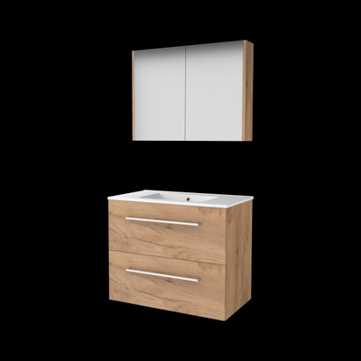 Basic-Line Comfort 46 ensemble de meubles de salle de bain 80x46cm avec poignées 2 tiroirs lavabo en porcelaine 1 trou de robinet armoire de toilette mfc whisky oak
