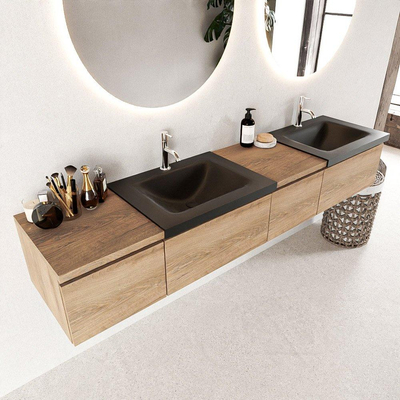 MONDIAZ BUKLA 200cm badmeubel met module 40 rechts kleur Washed Oak met 4 lades. Wastafel CLOUD dubbel 2 kraangaten kleur Urban.