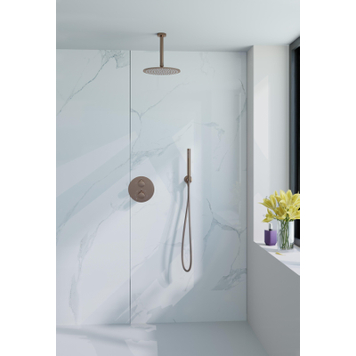 Fortifura Calvi ensemble de douche à l'italienne - rond - thermostatique - bras plafond - douche principale de 25 cm - douchette à main - flexible lisse - Cuivre brossé PVD