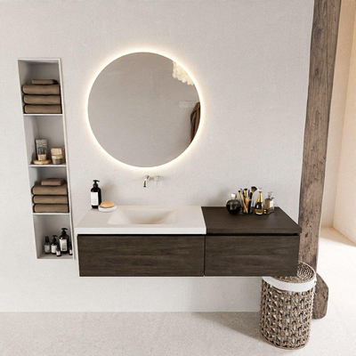 MONDIAZ BUKLA meuble de salle de bain 140 cm avec module 60 couleur Marron Foncé avec 2 tiroirs. Lavabo CLOUD à gauche 0 trous de robinet couleur Talc.
