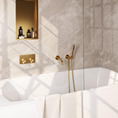 BRAUER Gold Carving thermostatische inbouw badkraan - drukknoppen SET 03 - uitloop - staaf handdouche - doucheslang - wandaansluitbocht - goud geborsteld PVD