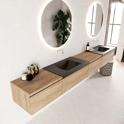 MONDIAZ BUKLA 280cm badmeubel met module 60 rechts kleur Washed Oak met 4 lades. Wastafel CLOUD dubbel 0 kraangaten kleur Urban.