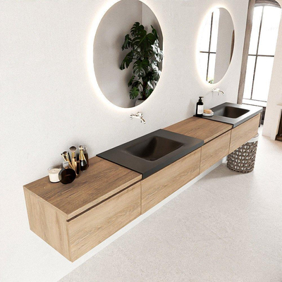 Mondiaz BUKLA badkamermeubelset 280x45x34cm 0 kraangaten 2 wasbakken solid surface Urban greeploos 4 lades met softclose Melamine Washed Oak