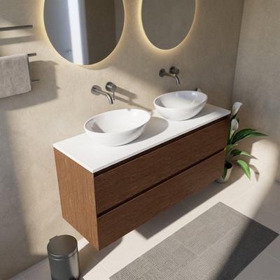 Saniclass Holz Pure Ensemble meuble de salle de bains - 140x45x62.5cm - plan supérieur Torino en solid surface blanc - sans trou de robinet - 4 tiroirs - noyer pure mat (bois)