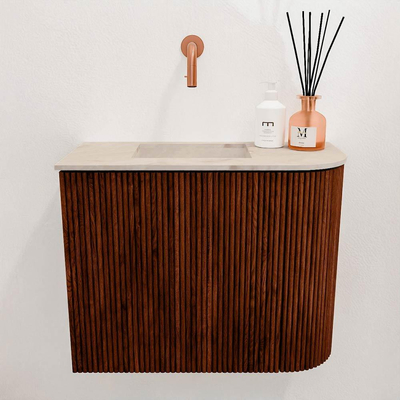 Mondiaz JOYA-DLUX 51.6cm toiletmeubel - ronding rechts kleur Ruby - Wastafel FAYE positie Links Zonder kraangat kleur Frappe.