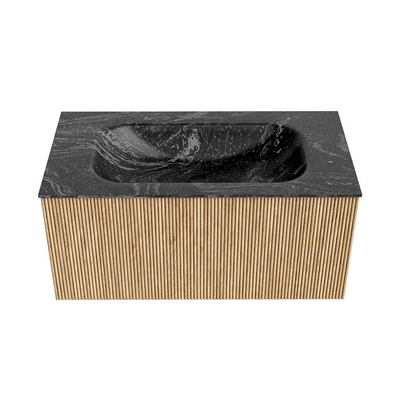 MONDIAZ KURVE-DLUX Meuble de salle de bains 90 cm couleur Oak avec 1 tiroir. Lavabo BIG SMALL central 1 trou de robinet couleur Lava.