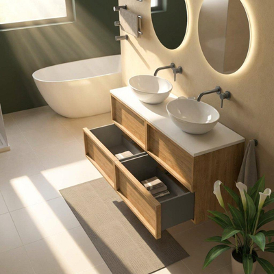 Saniclass Holz Frame Ensemble meuble de salle de bains - 140x45x62.5cm - plan de travail Torino en solid surface blanc - sans trou de robinet - 4 tiroirs - chêne natural mat (bois)