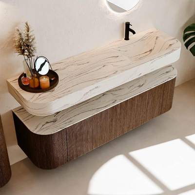 MONDIAZ THOR-DLUX 160cm meuble de salle de bains arrondi gauche + droite couleur Walnut avec 1 tiroir et 2 portes. Vasque suspendue CLOUD droite 1 trou de robinet couleur Nata.