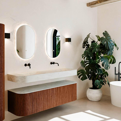 MONDIAZ THOR-DLUX 160cm meuble de salle de bains arrondi gauche + droite couleur Ruby avec 1 tiroir et 2 portes. Vasque suspendue CLOUD Double sans trou de robinet couleur Opalo.