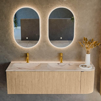 MONDIAZ KURVE-DLUX Meuble de salle de bains 145cm arrondi à droite couleur Chêne avec 1 tiroir et 1 porte. Lavabo LEAF Double / Gauche 2 trous de robinet Nata.